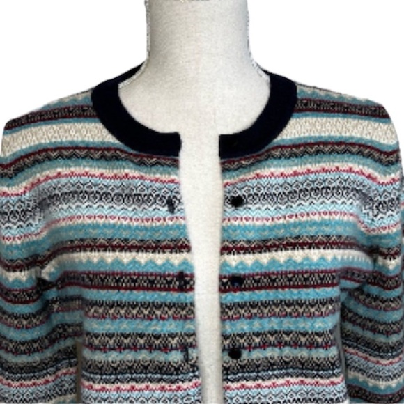 Talbots Fair Isle Stripe Knit Cardigan Sweater Blue Red Nylon Lambswool Buttons - Picture 7 of 11